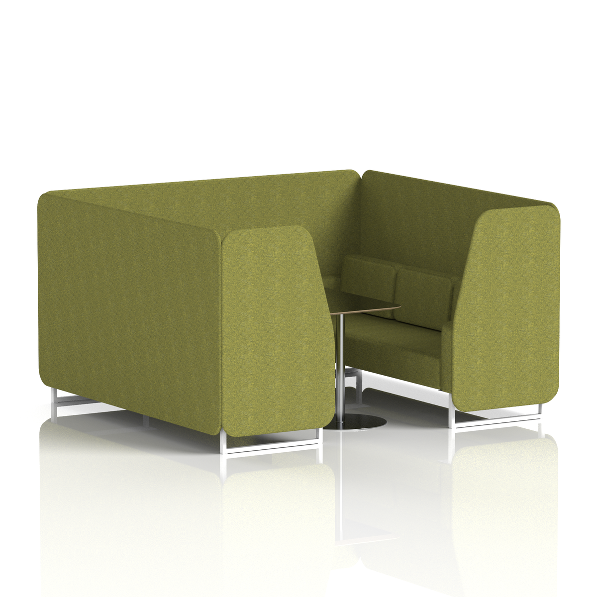 Commercial 6 Seater Privacy Booth with Black Table – Single Tone – Crib 5 Rivet - Olive Panels And Sofa White - Industrious Decor