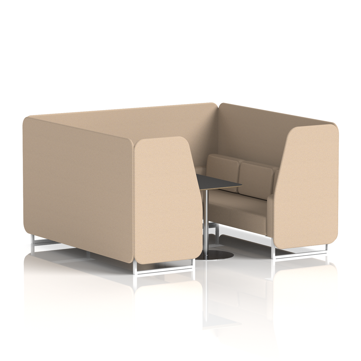 Commercial 6 Seater Privacy Booth with Black Table – Single Tone – Crib 5 Synergy - Affix Panels And Sofa White - Industrious Decor