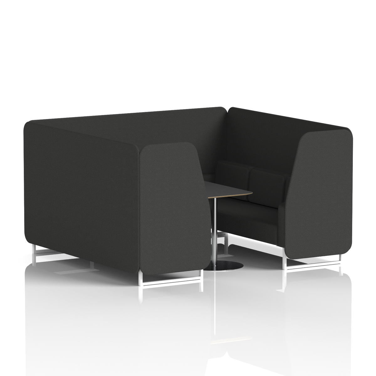 Commercial 6 Seater Privacy Booth with Black Table – Single Tone – Crib 5 Synergy - Mix Panels And Sofa White - Industrious Decor