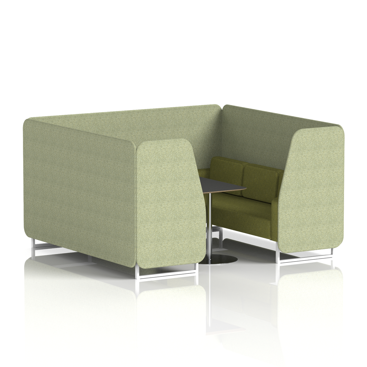 Commercial 6 Seater Privacy Booth with Black Table – Two Tone – Crib 5 Rivet - Burnish Panels And Olive Sofa White - Industrious Decor