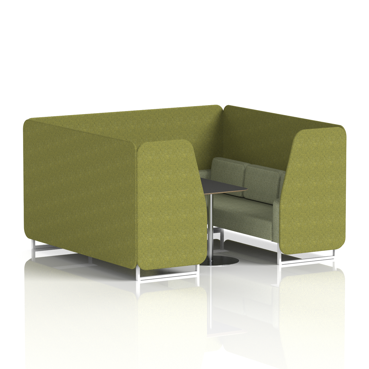 Commercial 6 Seater Privacy Booth with Black Table – Two Tone – Crib 5 Rivet - Olive Panels And Burnish Sofa White - Industrious Decor