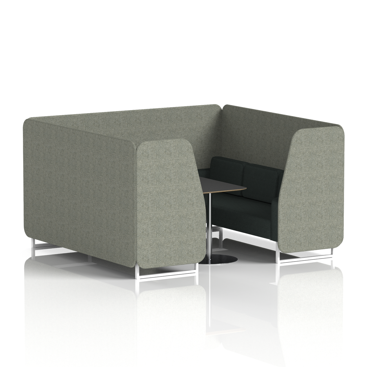 Commercial 6 Seater Privacy Booth with Black Table – Two Tone – Crib 5 Rivet - Vitreous Panels And Charcoal Sofa White - Industrious Decor