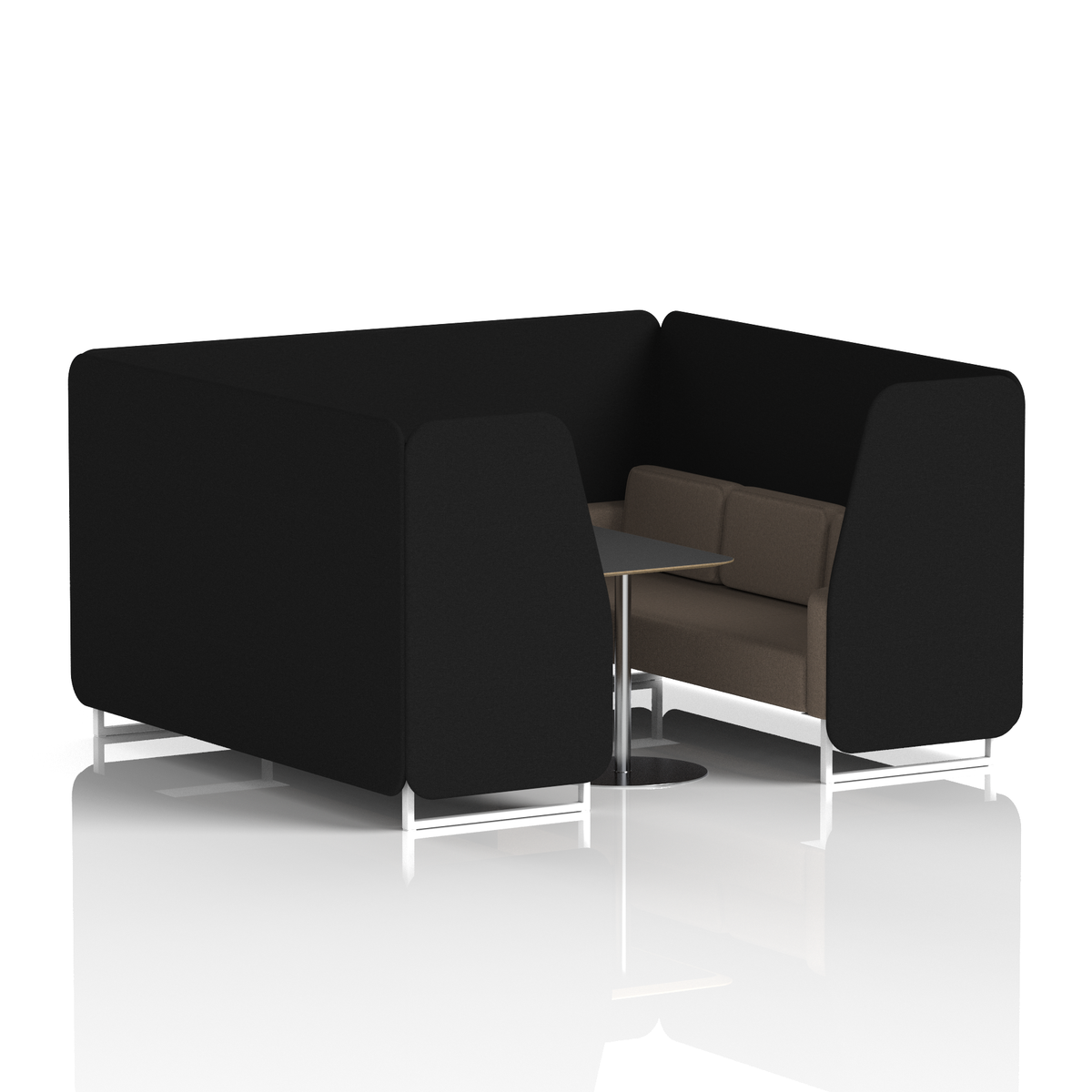 Commercial 6 Seater Privacy Booth with Black Table – Two Tone – Crib 5 X2 - Diameter Panels And Theory Sofa White - Industrious Decor