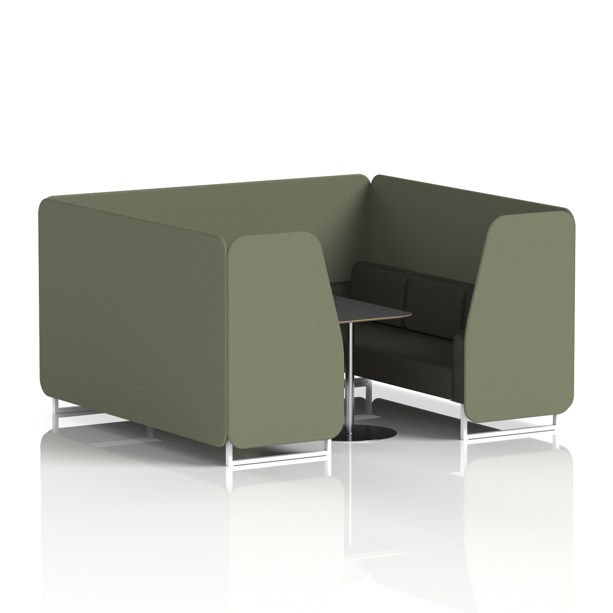Commercial 6 Seater Privacy Booth with Black Table – Two Tone – Crib 5 Main Line Flax - Monument Panels And Temple Sofa White - Industrious Decor