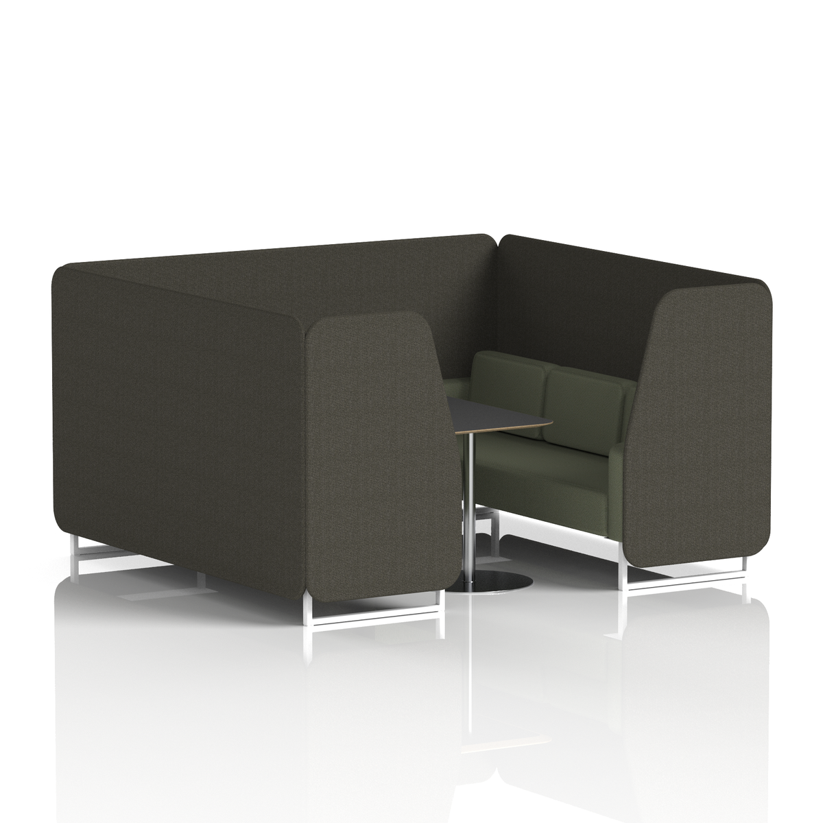 Commercial 6 Seater Privacy Booth with Black Table – Two Tone – Crib 5 Main Line Flax - Temple Panels And Monument Sofa White - Industrious Decor