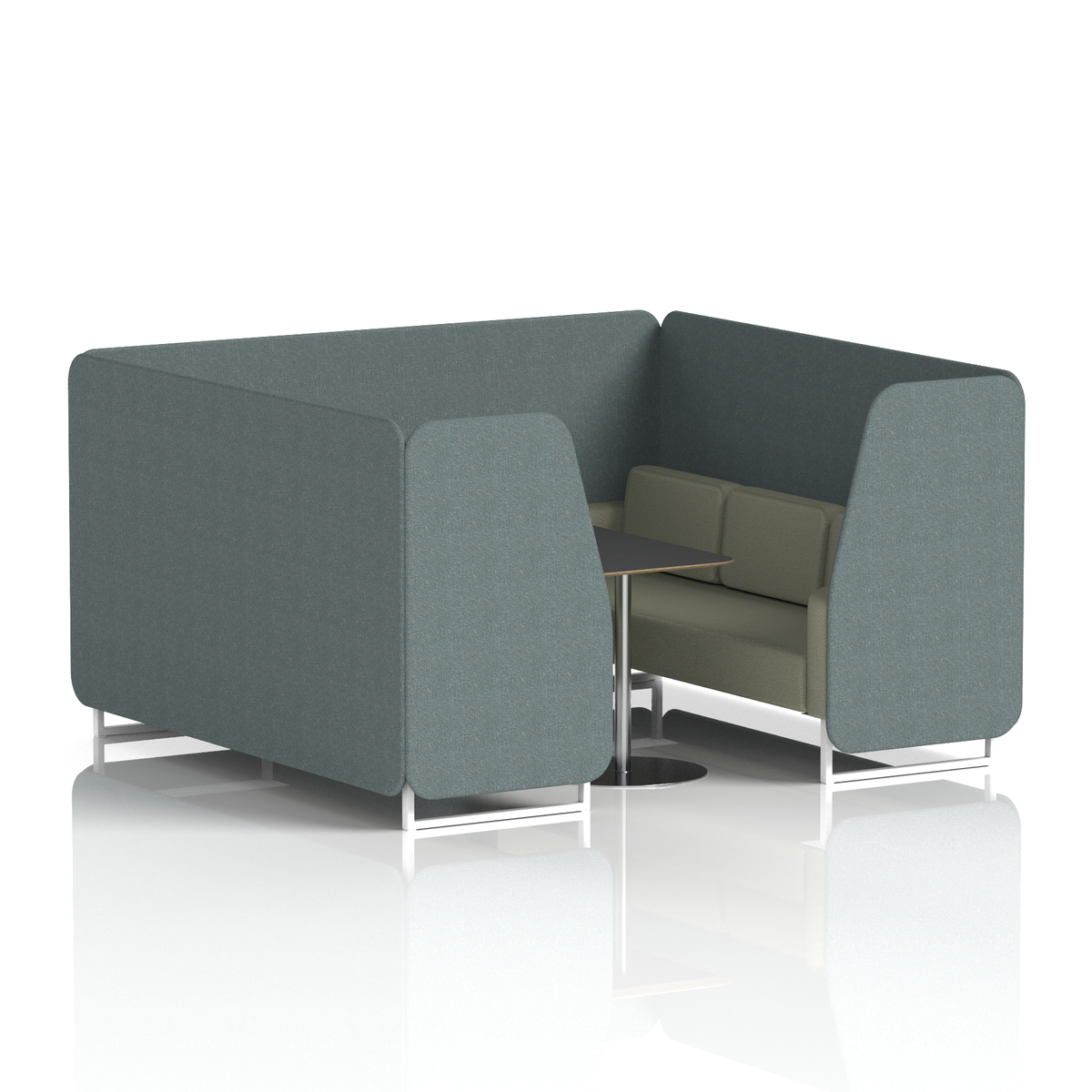 Commercial 6 Seater Privacy Booth with Black Table – Two Tone – Crib 5 Main Line Flax - Westminster Panels And Newbury Sofa White - Industrious Decor