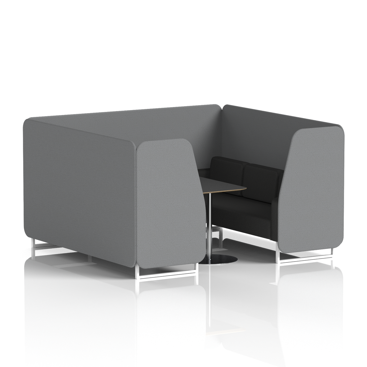 Commercial 6 Seater Privacy Booth with Black Table – Two Tone – Crib 5 Synergy - Partner Panels And Mix Sofa White - Industrious Decor