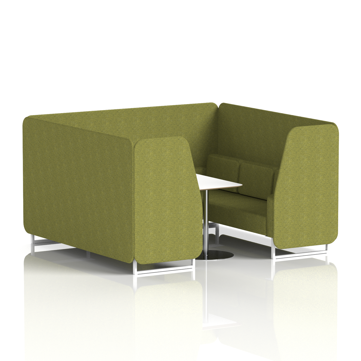 Commercial 6 Seater Privacy Booth with White Table – Single Tone – Crib 5 Rivet - Olive Panels And Sofa White - Industrious Decor