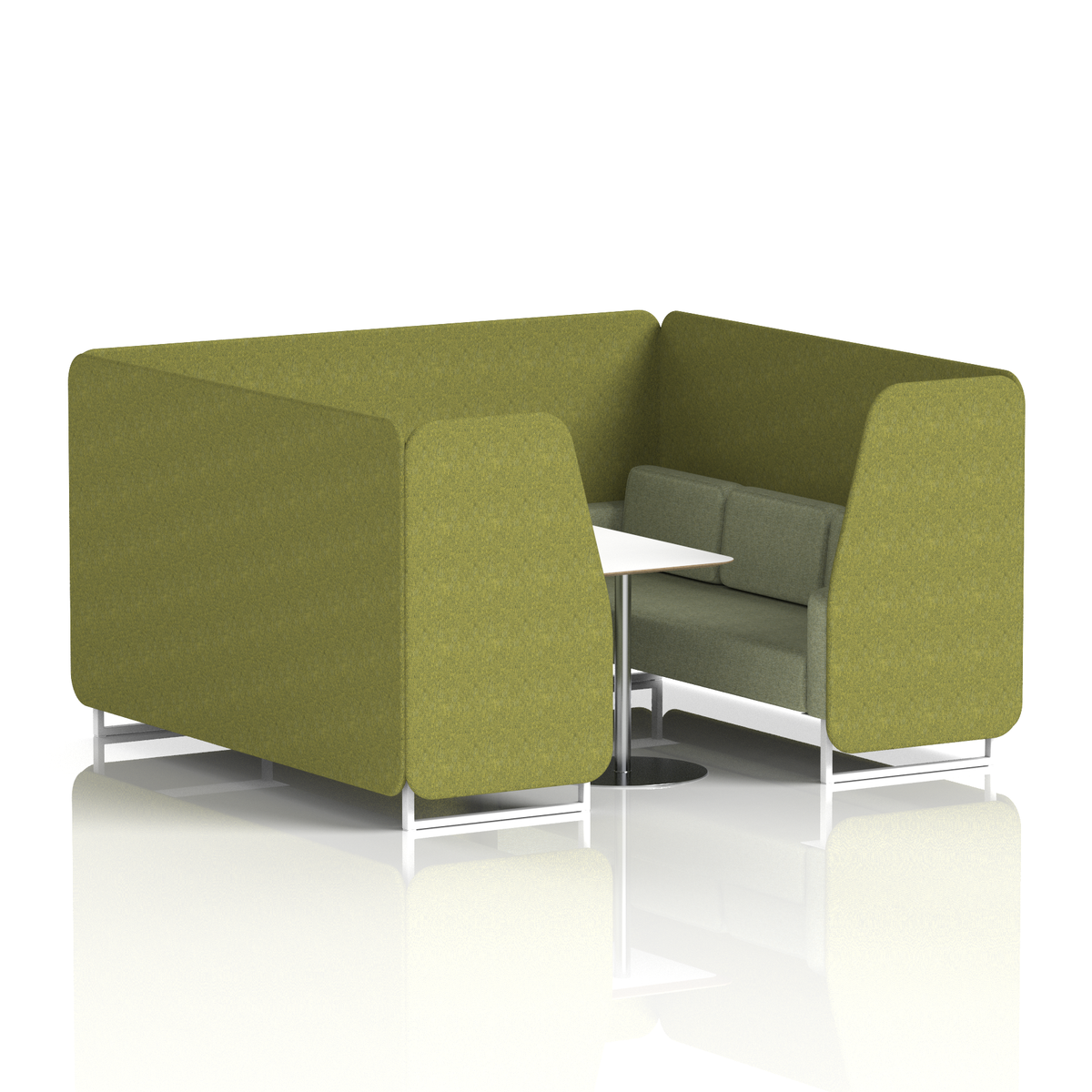 Commercial 6 Seater Privacy Booth with White Table – Two Tone – Crib 5 Rivet - Olive Panels And Burnish Sofa White - Industrious Decor