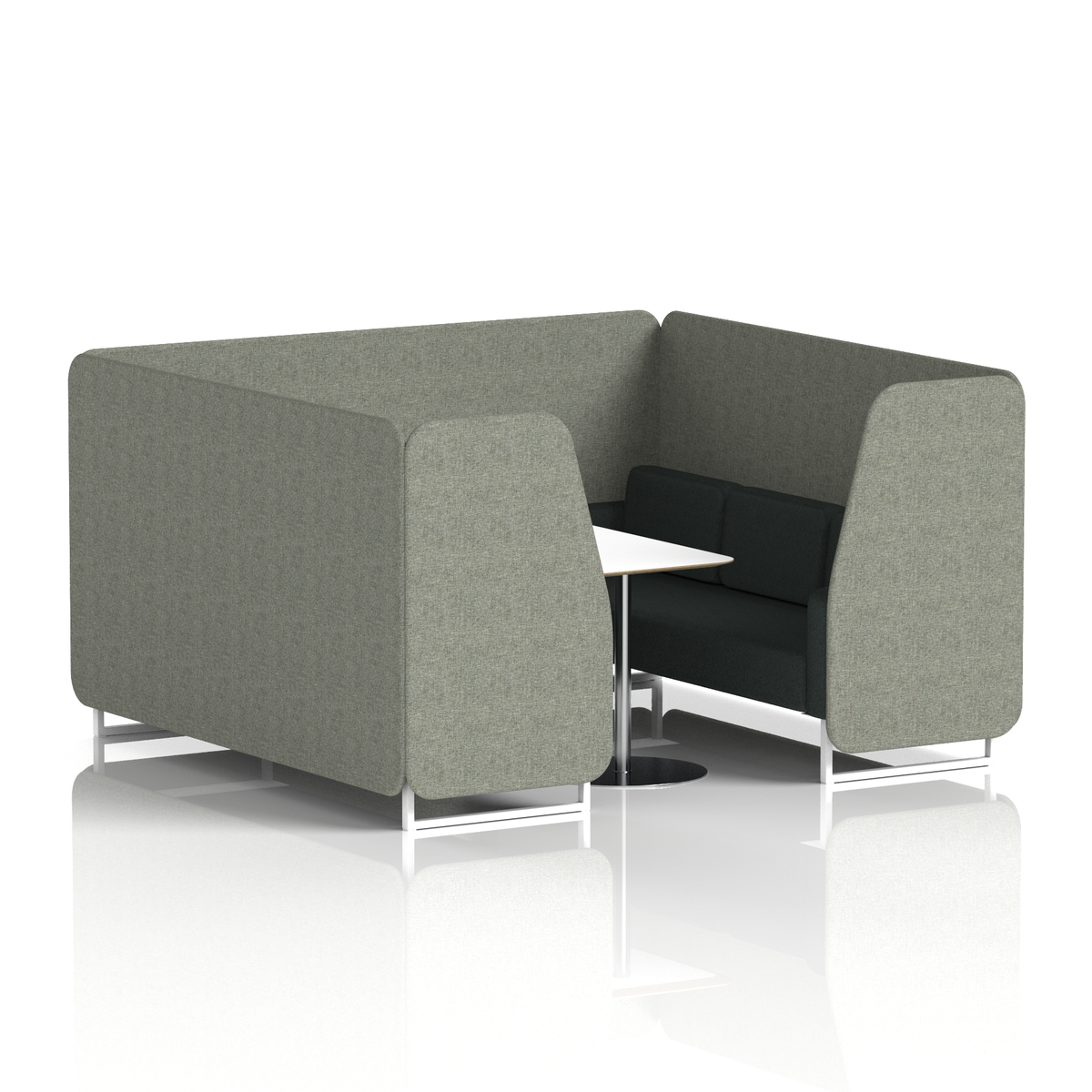 Commercial 6 Seater Privacy Booth with White Table – Two Tone – Crib 5 Rivet - Vitreous Panels And Charcoal Sofa White - Industrious Decor
