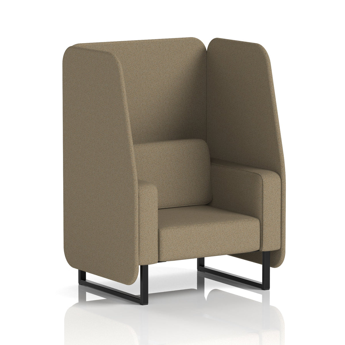 Commercial 1 Seater Open Privacy Booth – Single Tone – Crib 5 Main Line Flax - Bank Panels And Sofa Black - Industrious Decor