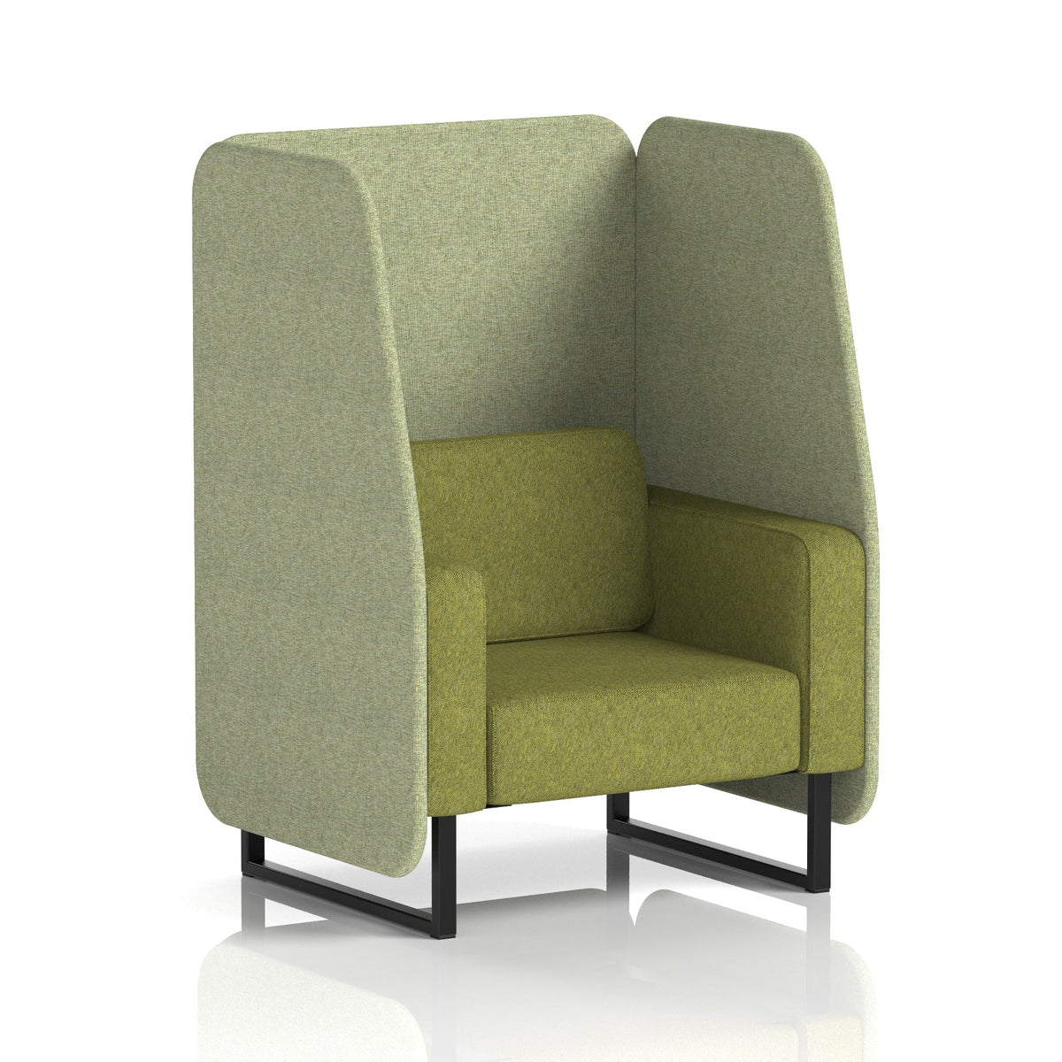 Commercial 1 Seater Open Privacy Booth – Two Tone – Crib 5 Rivet - Burnish Panels And Olive Sofa Black - Industrious Decor