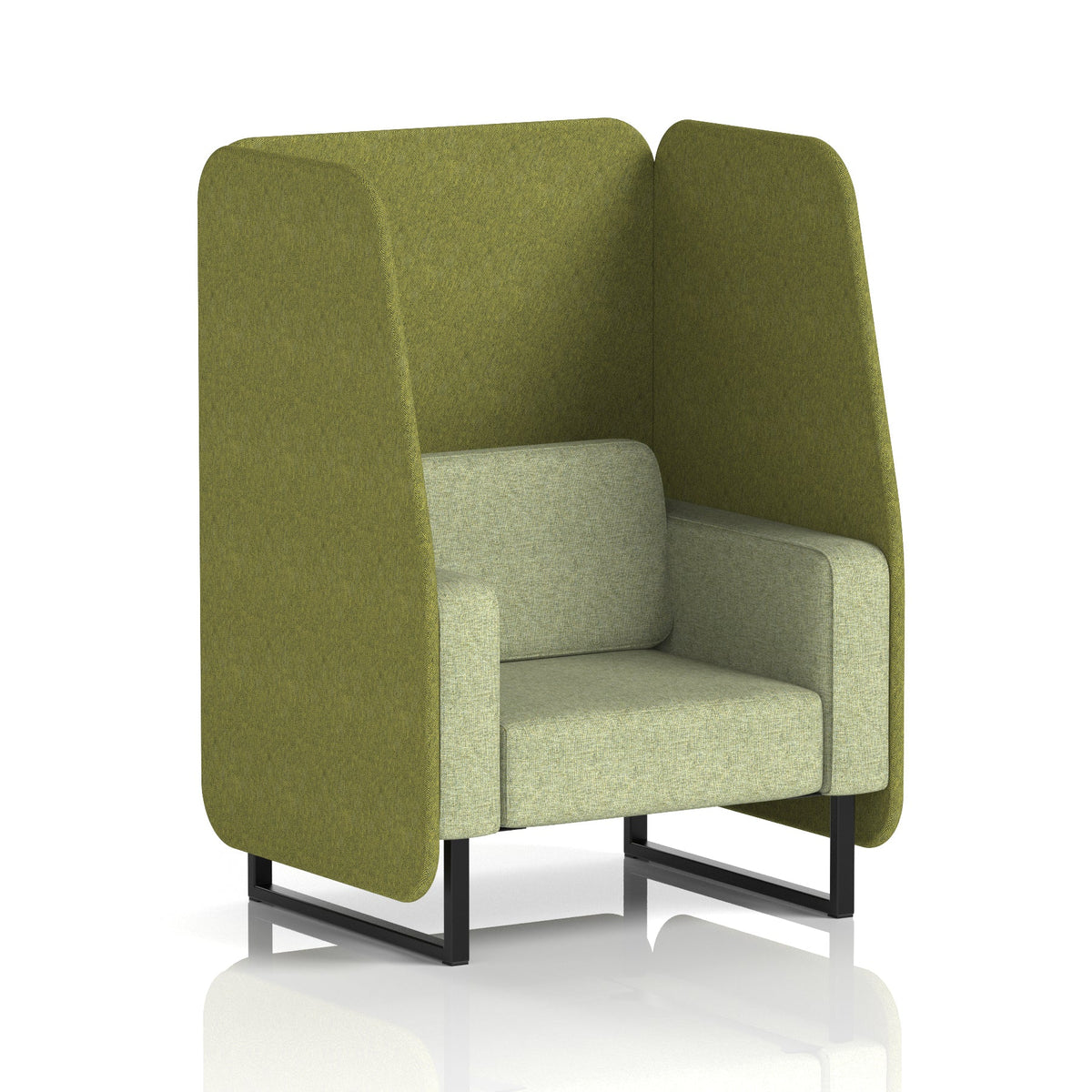 Commercial 1 Seater Open Privacy Booth – Two Tone – Crib 5 Rivet - Olive Panels And Burnish Sofa Black - Industrious Decor