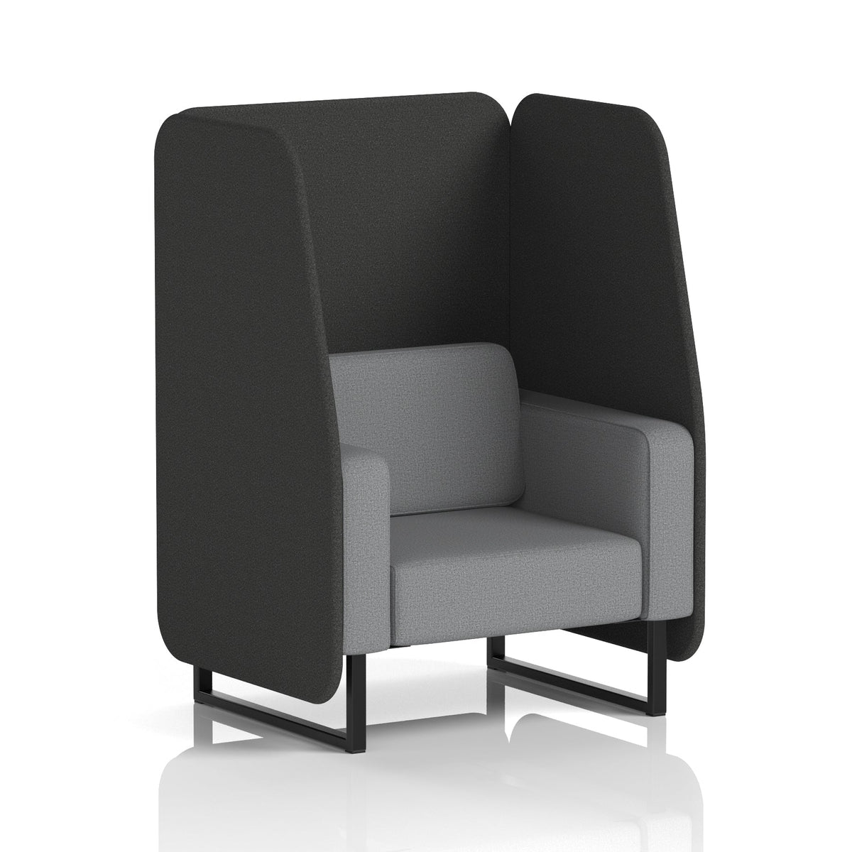 Commercial 1 Seater Open Privacy Booth – Two Tone – Crib 5 Synergy - Mix Panels And Partner Sofa Black - Industrious Decor