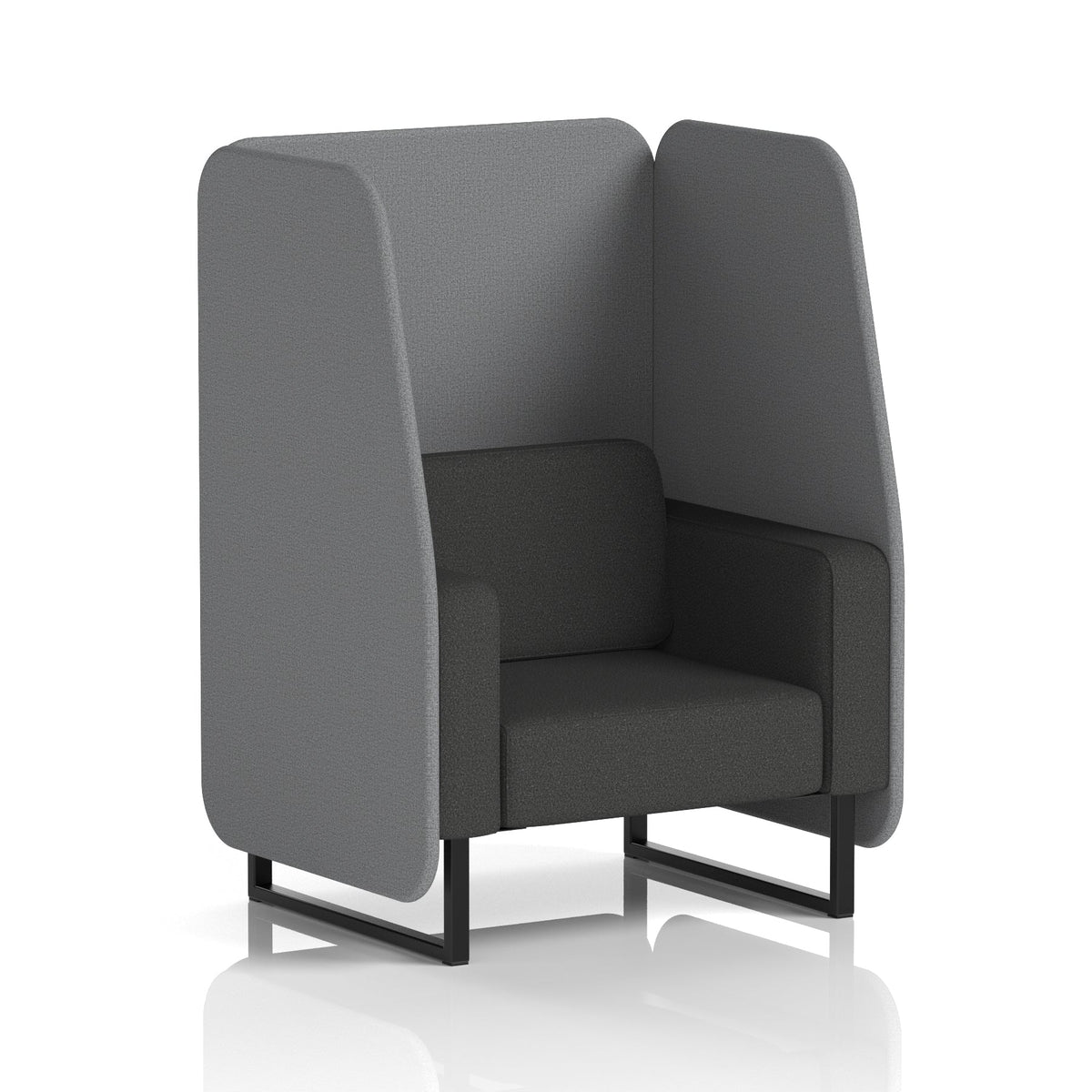 Commercial 1 Seater Open Privacy Booth – Two Tone – Crib 5 Synergy - Partner Panels And Mix Sofa Black - Industrious Decor