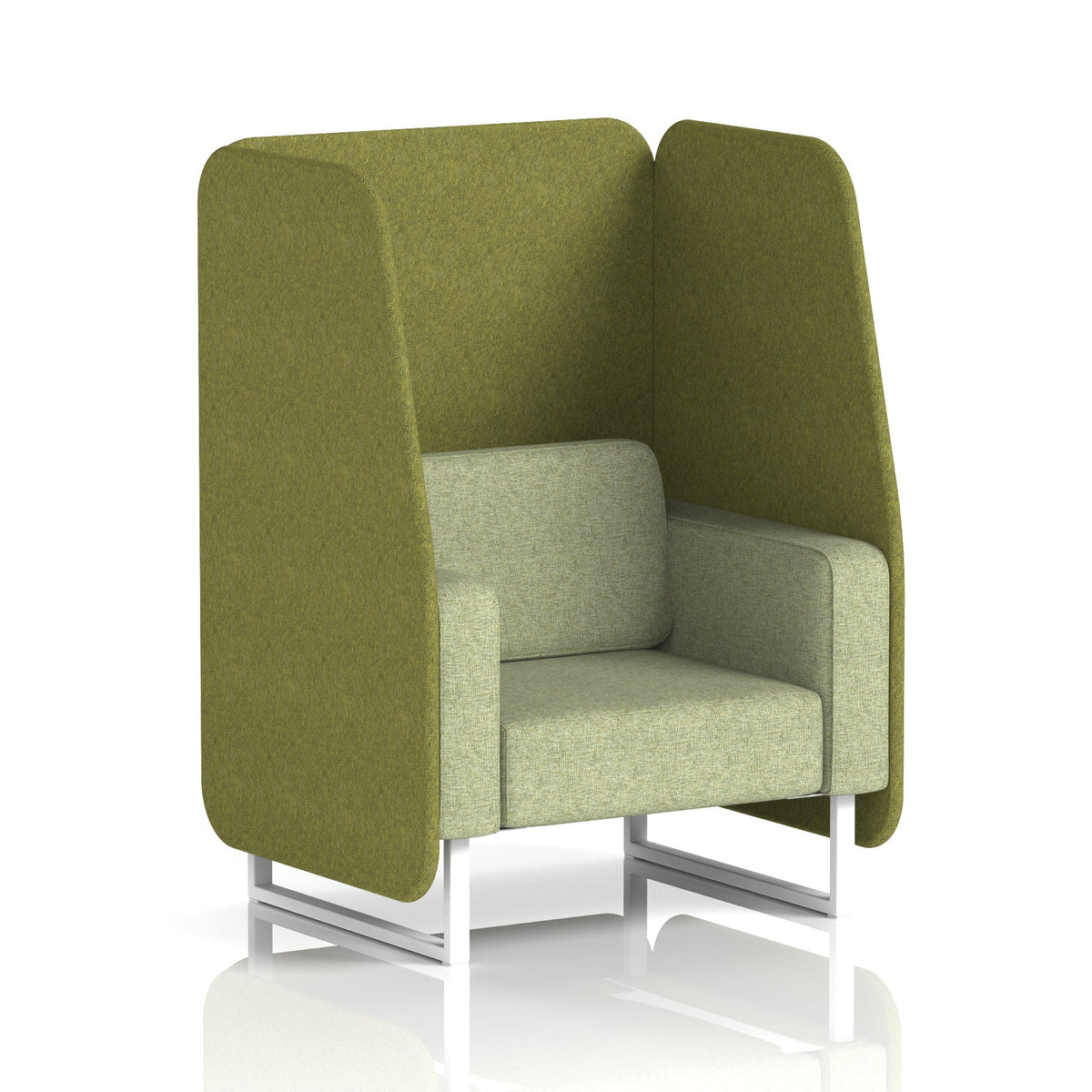 Commercial 1 Seater Open Privacy Booth – Two Tone – Crib 5 Rivet - Olive Panels And Burnish Sofa White - Industrious Decor