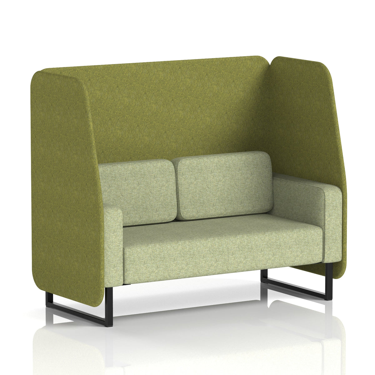 Commercial 2 Seater Open Privacy Booth – Two Tone – Crib 5 Rivet - Olive Panels And Burnish Sofa Black - Industrious Decor