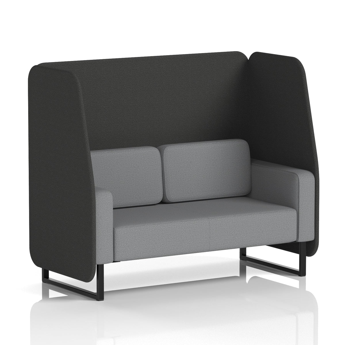 Commercial 2 Seater Open Privacy Booth – Two Tone – Crib 5 Synergy - Mix Panels And Partner Sofa Black - Industrious Decor