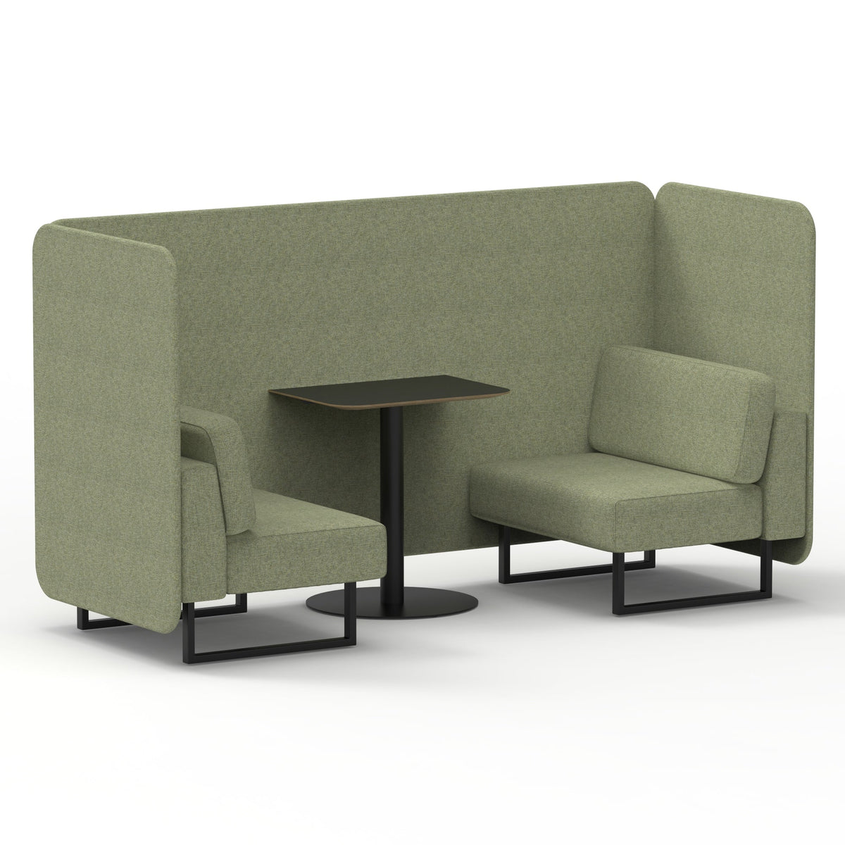 Commercial 2 Seater Privacy Booth – Bench with Black Table – Single Tone – Crib 5 Rivet - Burnish Panels And Sofa Black - Industrious Decor