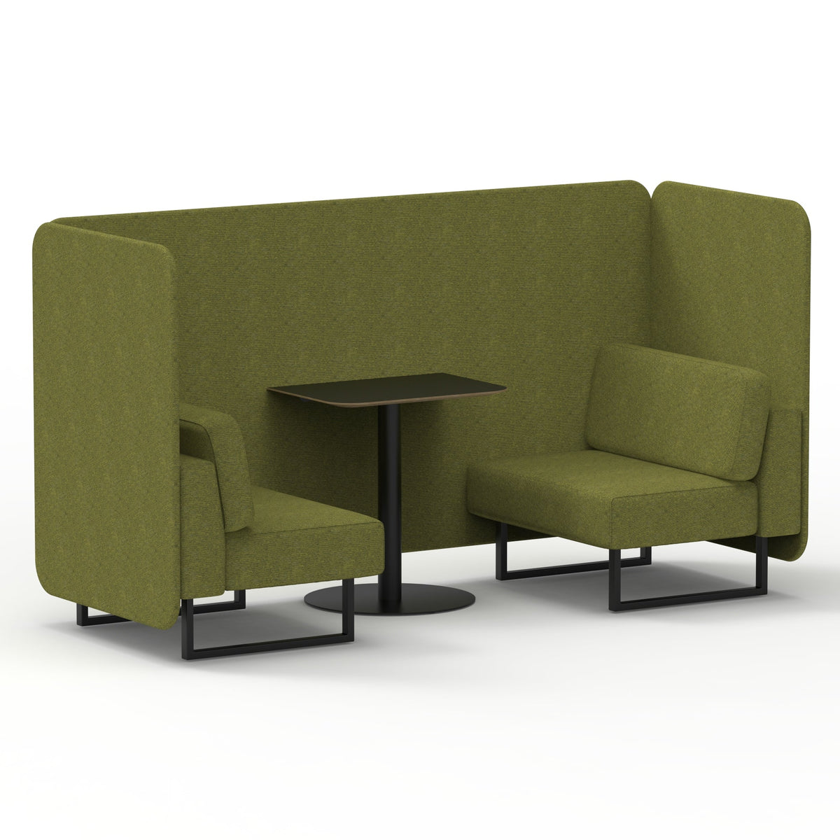 Commercial 2 Seater Privacy Booth – Bench with Black Table – Single Tone – Crib 5 Rivet - Olive Panels And Sofa Black - Industrious Decor