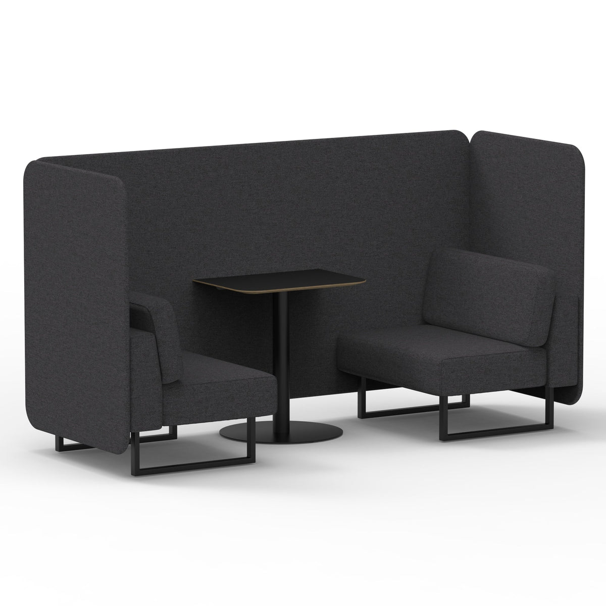 Commercial 2 Seater Privacy Booth – Bench with Black Table – Single Tone – Crib 5 X2 - Arithmetic Panels And Sofa Black - Industrious Decor
