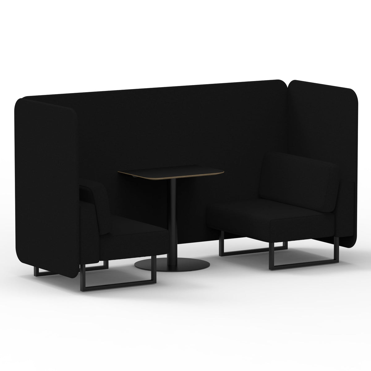 Commercial 2 Seater Privacy Booth – Bench with Black Table – Single Tone – Crib 5 X2 - Diameter Panels And Sofa Black - Industrious Decor
