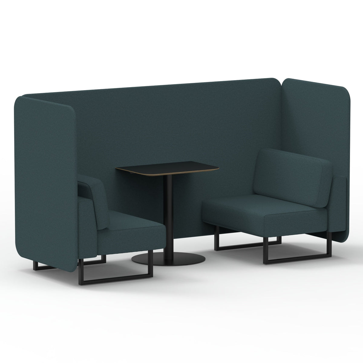Commercial 2 Seater Privacy Booth – Bench with Black Table – Single Tone – Crib 5 X2 - Polygon Panels And Sofa Black - Industrious Decor