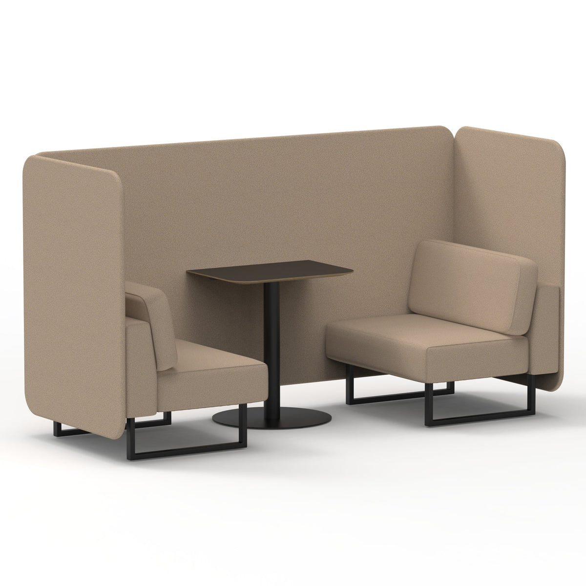 Commercial 2 Seater Privacy Booth – Bench with Black Table – Single Tone – Crib 5 Synergy - Affix Panels And Sofa Black - Industrious Decor