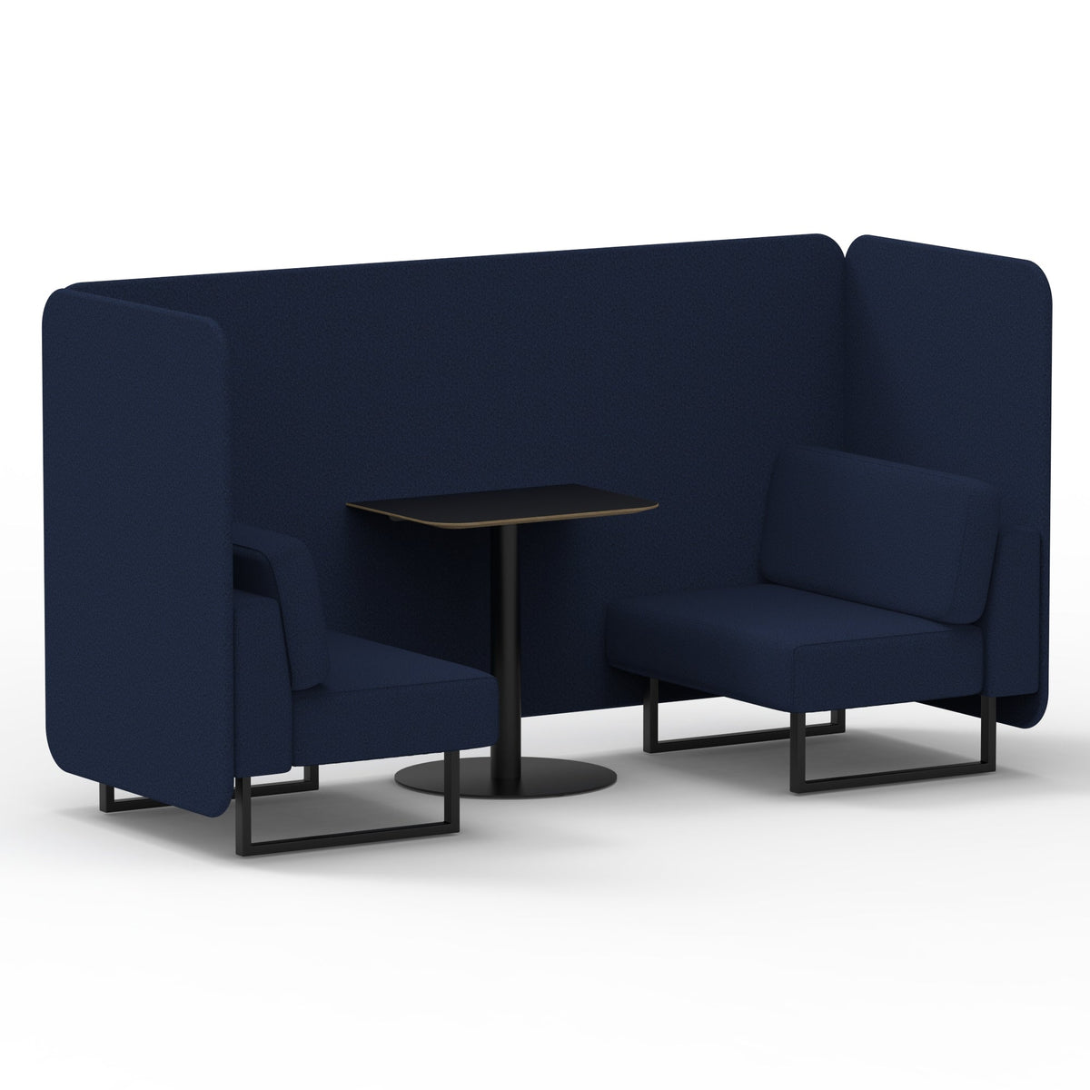 Commercial 2 Seater Privacy Booth – Bench with Black Table – Single Tone – Crib 5 Synergy - Alike Panels And Sofa Black - Industrious Decor