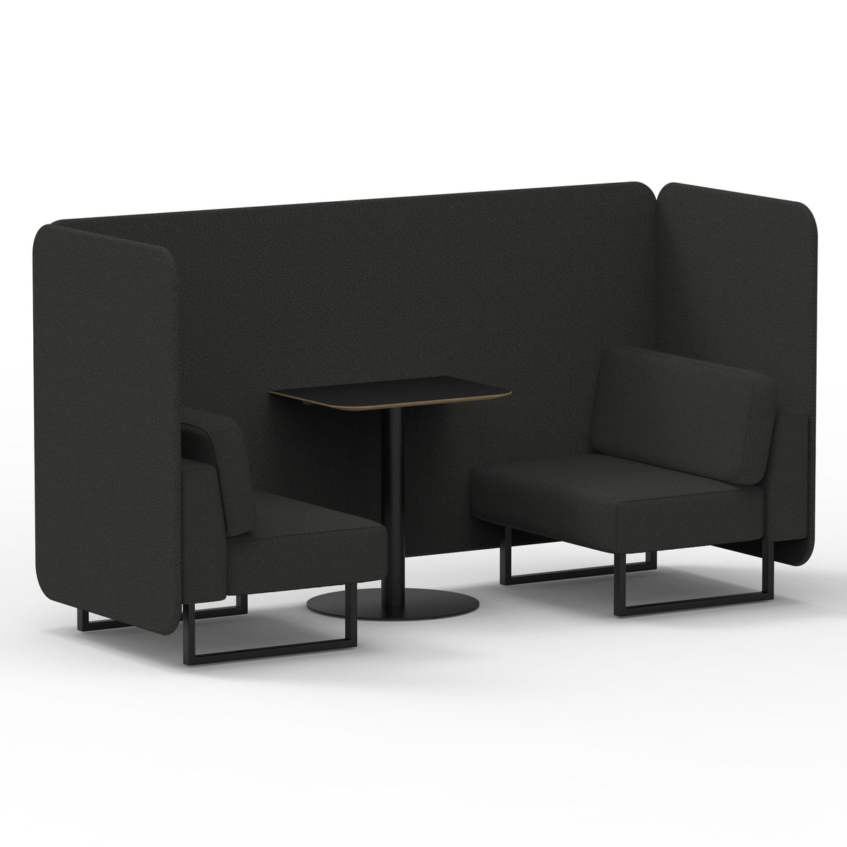 Commercial 2 Seater Privacy Booth – Bench with Black Table – Single Tone – Crib 5 Synergy - Mix Panels And Sofa Black - Industrious Decor