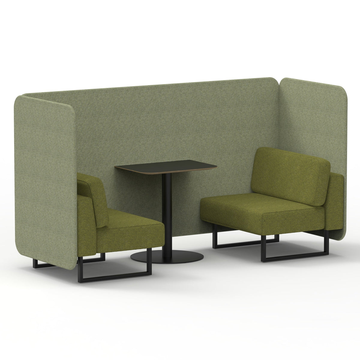 Commercial 2 Seater Privacy Booth – Bench with Black Table – Two Tone – Crib 5 Rivet - Burnish Panels And Olive Sofa Black - Industrious Decor