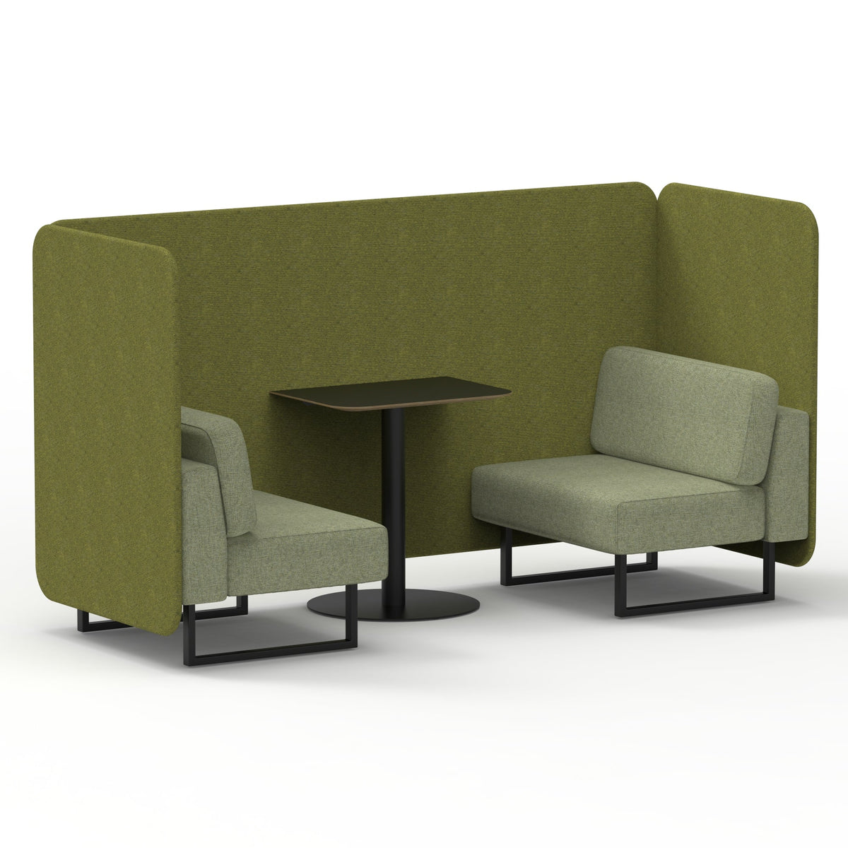 Commercial 2 Seater Privacy Booth – Bench with Black Table – Two Tone – Crib 5 Rivet - Olive Panels And Burnish Sofa Black - Industrious Decor