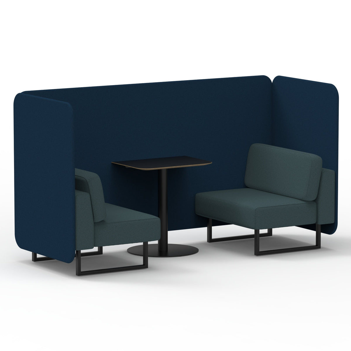 Commercial 2 Seater Privacy Booth – Bench with Black Table – Two Tone – Crib 5 X2 - Calculus Panels And Polygon Sofa Black - Industrious Decor