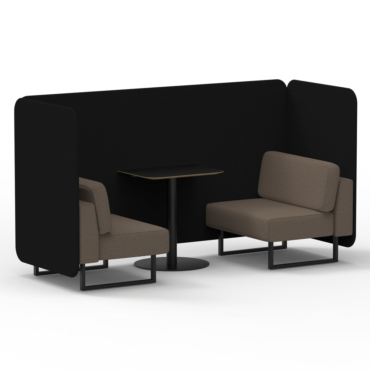 Commercial 2 Seater Privacy Booth – Bench with Black Table – Two Tone – Crib 5 X2 - Diameter Panels And Theory Sofa Black - Industrious Decor