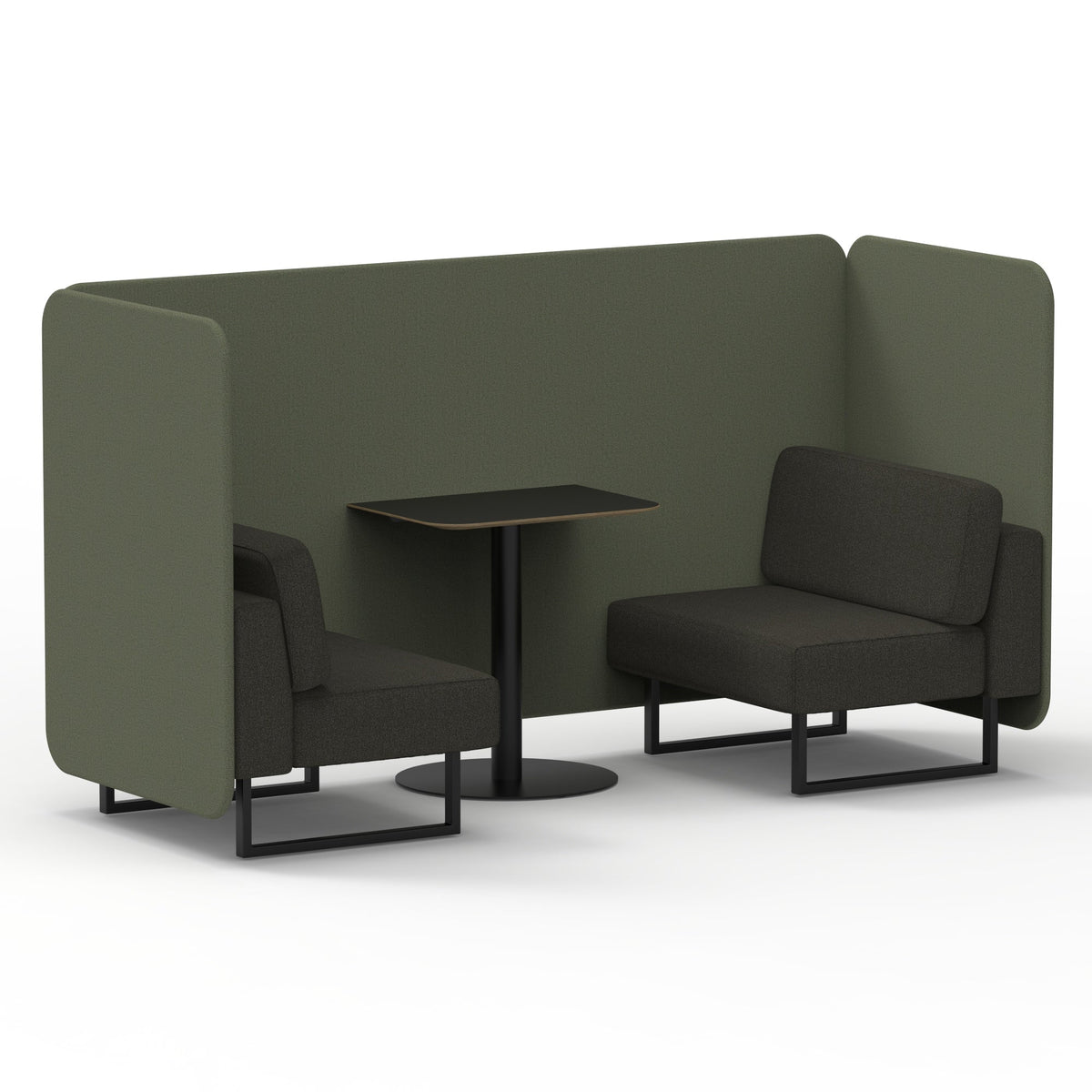 Commercial 2 Seater Privacy Booth – Bench with Black Table – Two Tone – Crib 5 Main Line Flax - Monument Panels And Temple Sofa Black - Industrious Decor