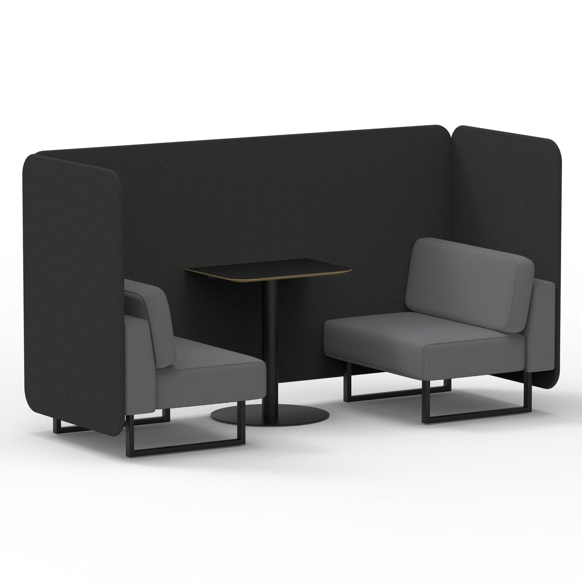 Commercial 2 Seater Privacy Booth – Bench with Black Table – Two Tone – Crib 5 Synergy - Mix Panels And Partner Sofa Black - Industrious Decor