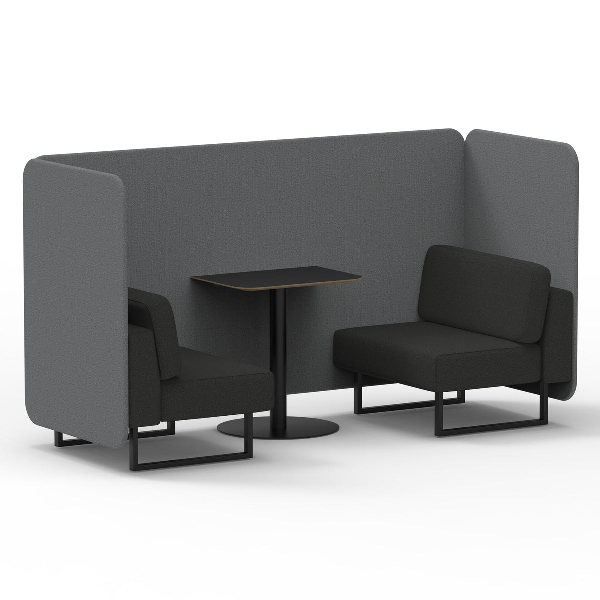 Commercial 2 Seater Privacy Booth – Bench with Black Table – Two Tone – Crib 5 Synergy - Partner Panels And Mix Sofa Black - Industrious Decor