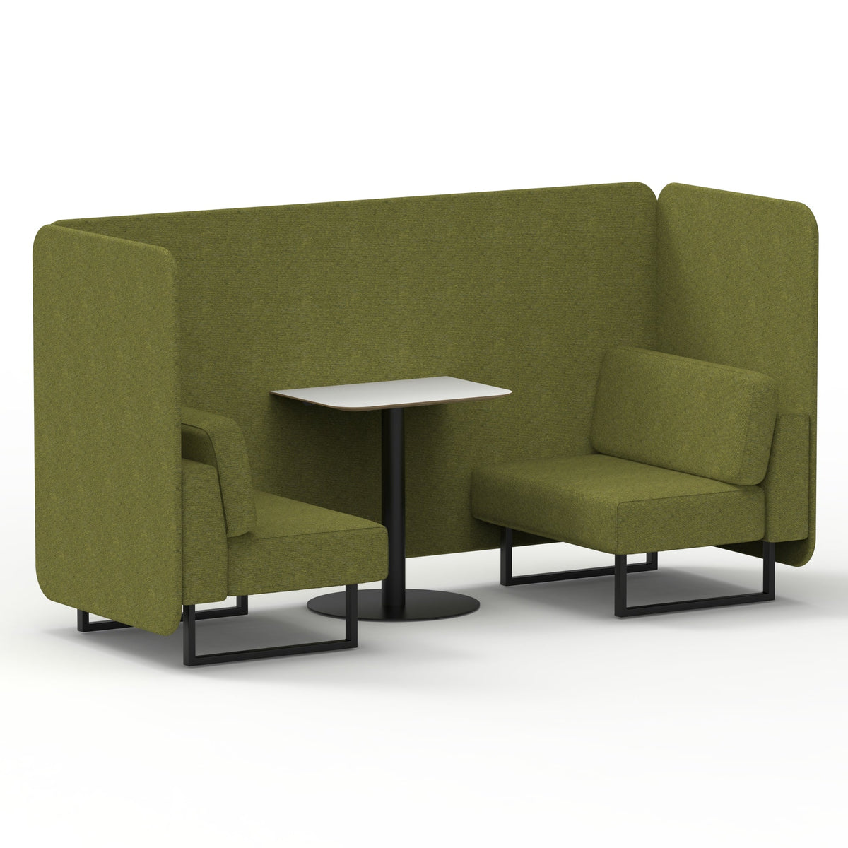 Commercial 2 Seater Privacy Booth – Bench with White Table – Single Tone – Crib 5 Rivet - Olive Panels And Sofa Black - Industrious Decor