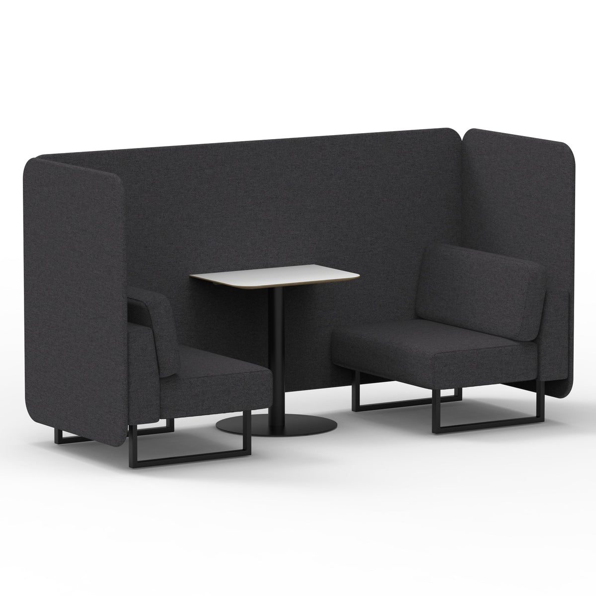 Commercial 2 Seater Privacy Booth – Bench with White Table – Single Tone – Crib 5 X2 - Arithmetic Panels And Sofa Black - Industrious Decor