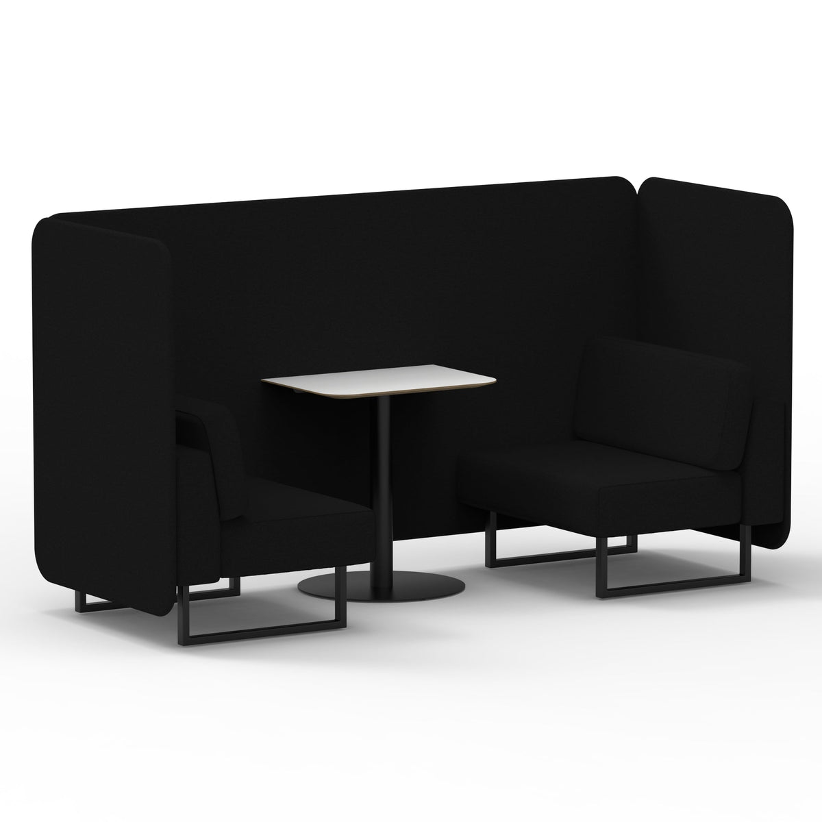 Commercial 2 Seater Privacy Booth – Bench with White Table – Single Tone – Crib 5 X2 - Diameter Panels And Sofa Black - Industrious Decor