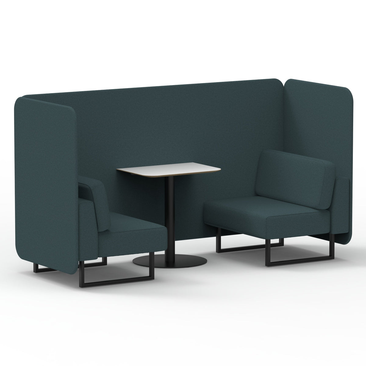 Commercial 2 Seater Privacy Booth – Bench with White Table – Single Tone – Crib 5 X2 - Polygon Panels And Sofa Black - Industrious Decor