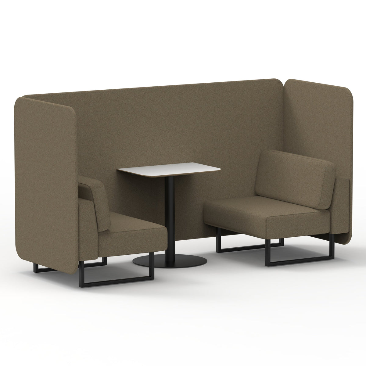 Commercial 2 Seater Privacy Booth – Bench with White Table – Single Tone – Crib 5 Main Line Flax - Bank Panels And Sofa Black - Industrious Decor