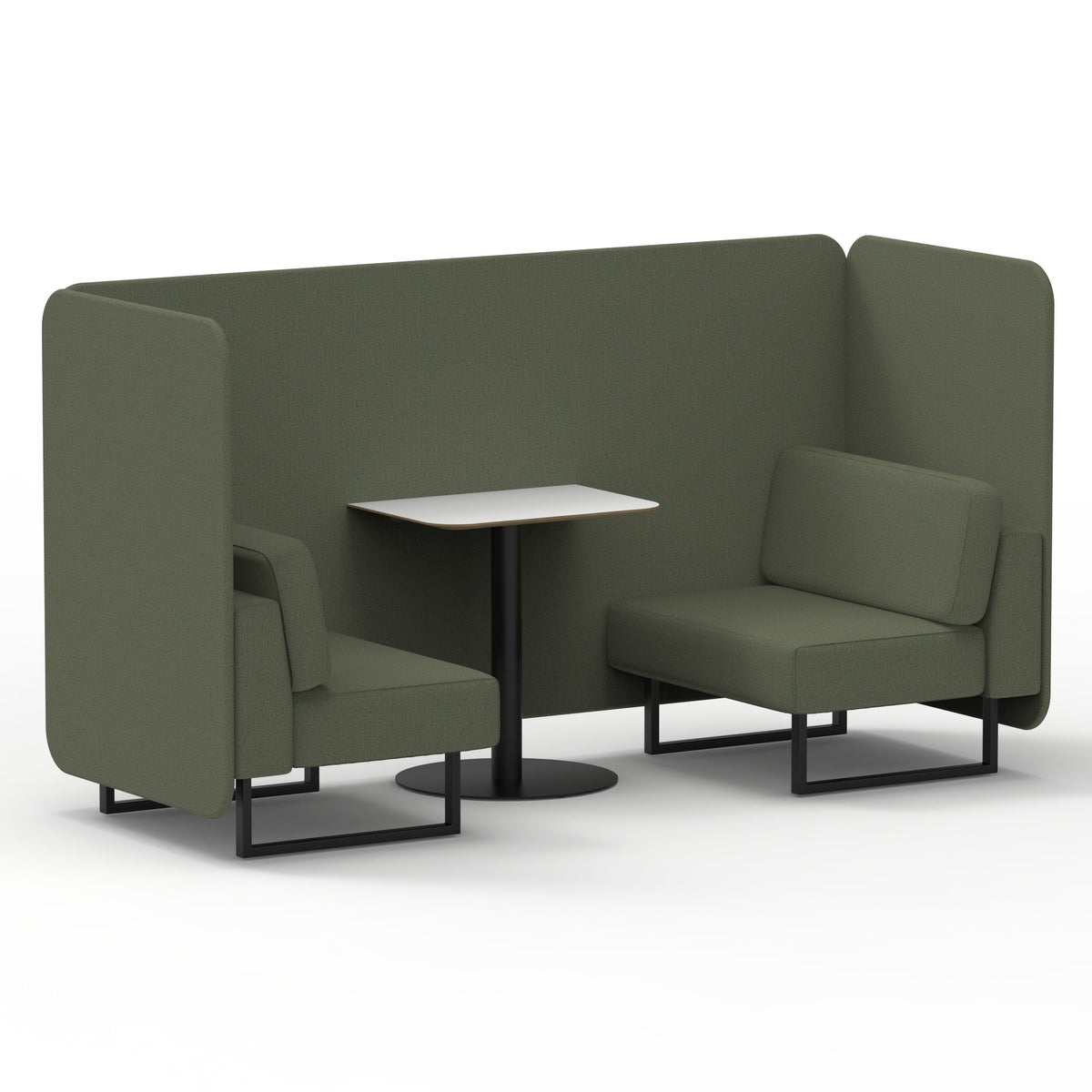 Commercial 2 Seater Privacy Booth – Bench with White Table – Single Tone – Crib 5 Main Line Flax - Monument Panels And Sofa Black - Industrious Decor