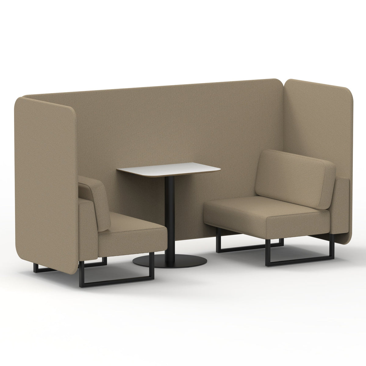 Commercial 2 Seater Privacy Booth – Bench with White Table – Single Tone – Crib 5 Main Line Flax - Upminster Panels And Sofa Black - Industrious Decor