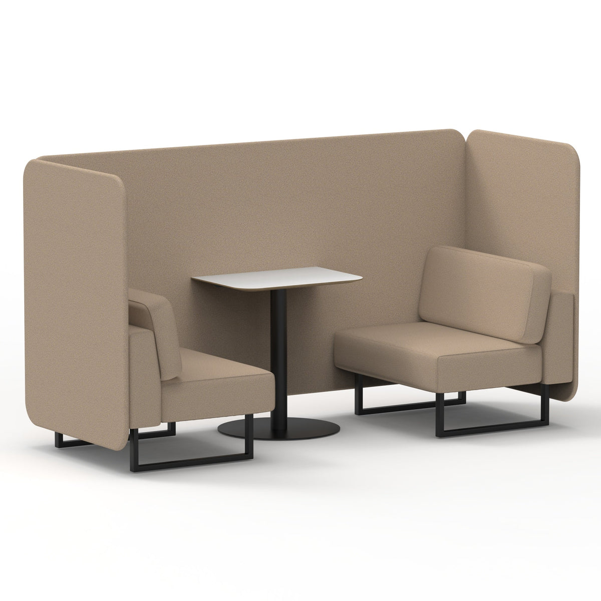 Commercial 2 Seater Privacy Booth – Bench with White Table – Single Tone – Crib 5 Synergy - Affix Panels And Sofa Black - Industrious Decor
