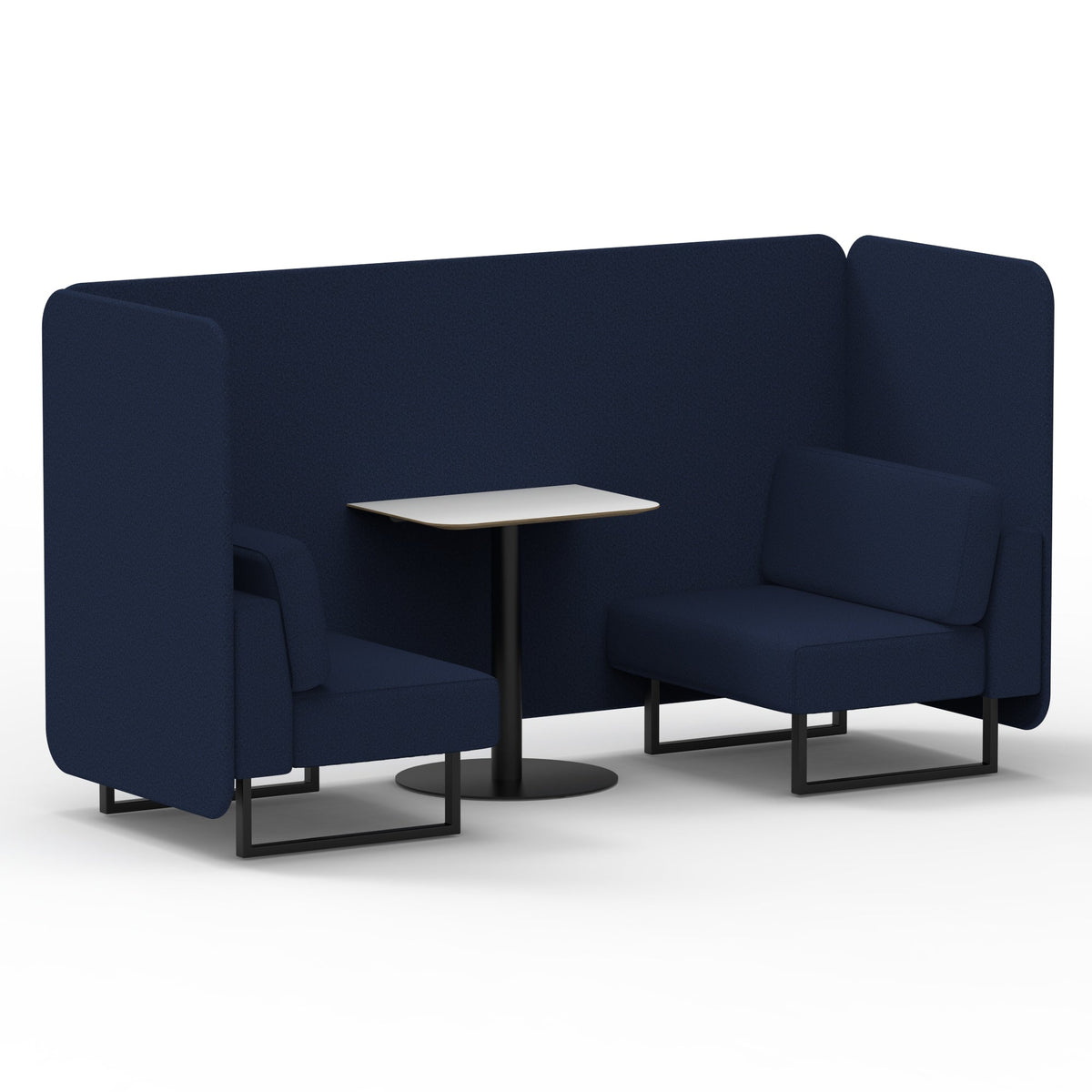 Commercial 2 Seater Privacy Booth – Bench with White Table – Single Tone – Crib 5 Synergy - Alike Panels And Sofa Black - Industrious Decor