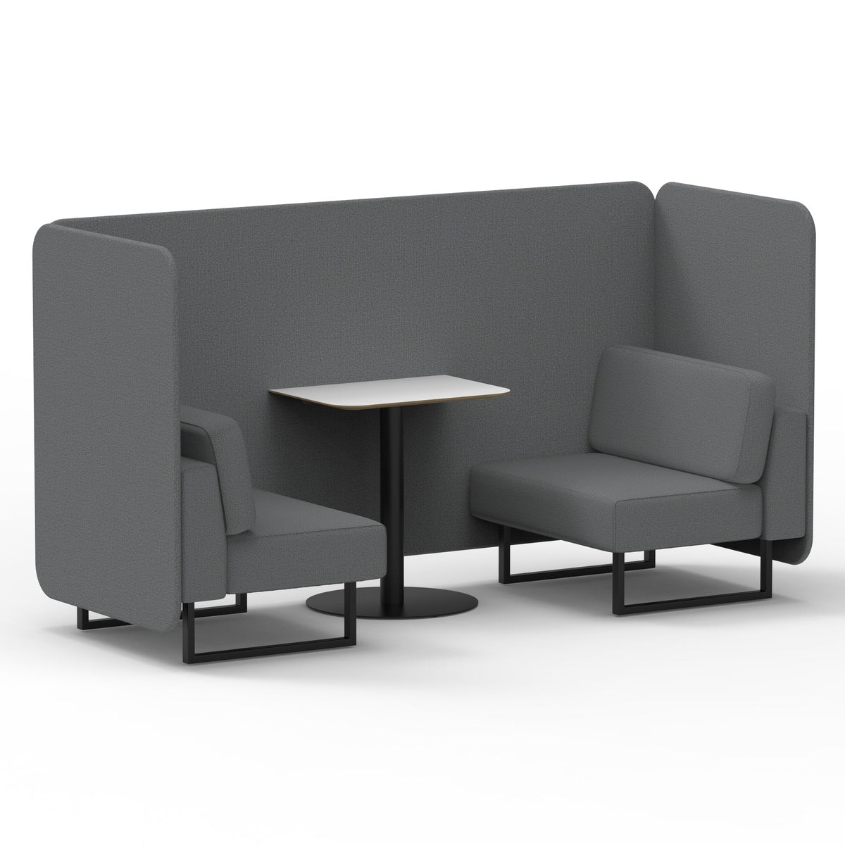 Commercial 2 Seater Privacy Booth – Bench with White Table – Single Tone – Crib 5 Synergy - Partner Panels And Sofa Black - Industrious Decor