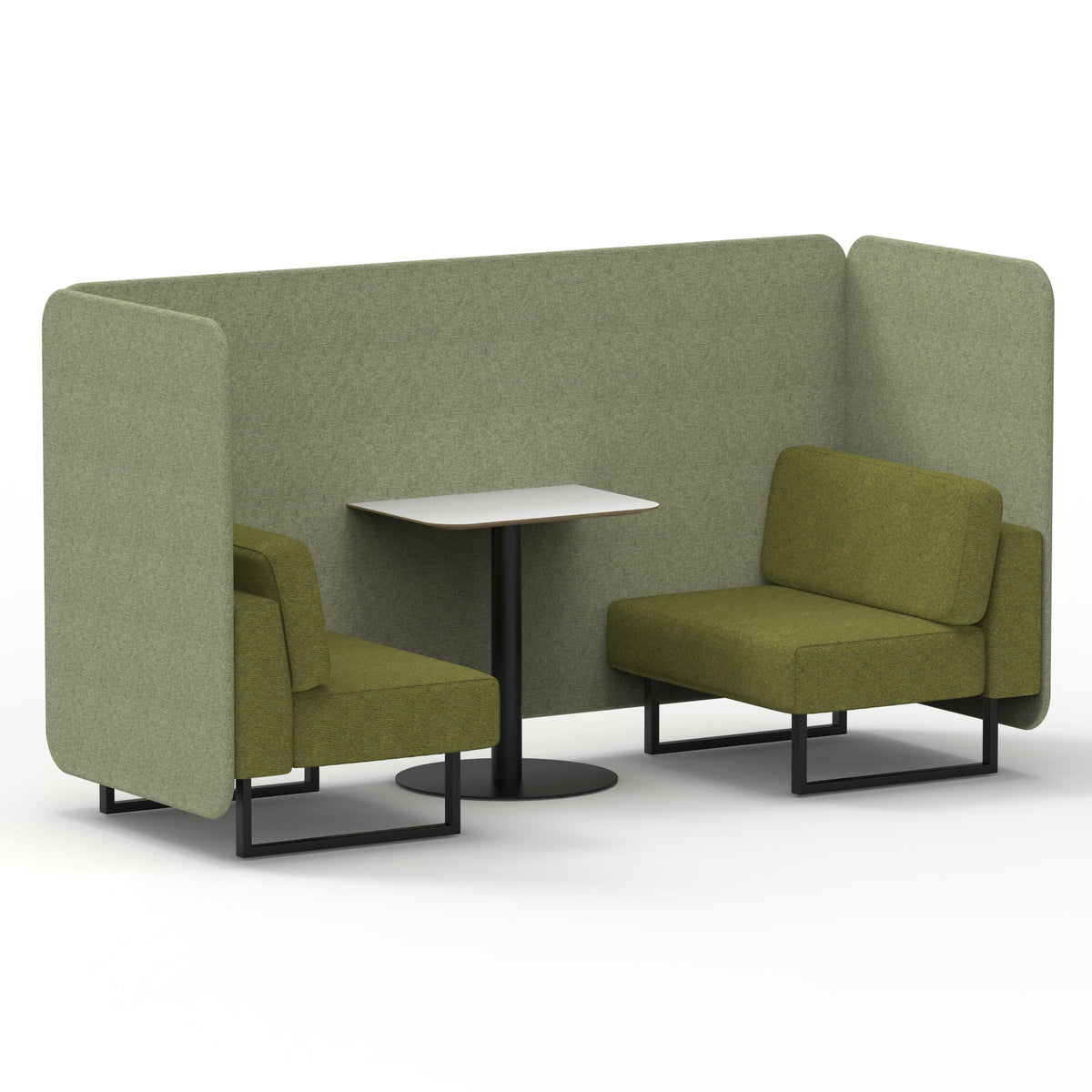 Commercial 2 Seater Privacy Booth – Bench with White Table – Two Tone – Crib 5 Rivet - Burnish Panels And Olive Sofa Black - Industrious Decor
