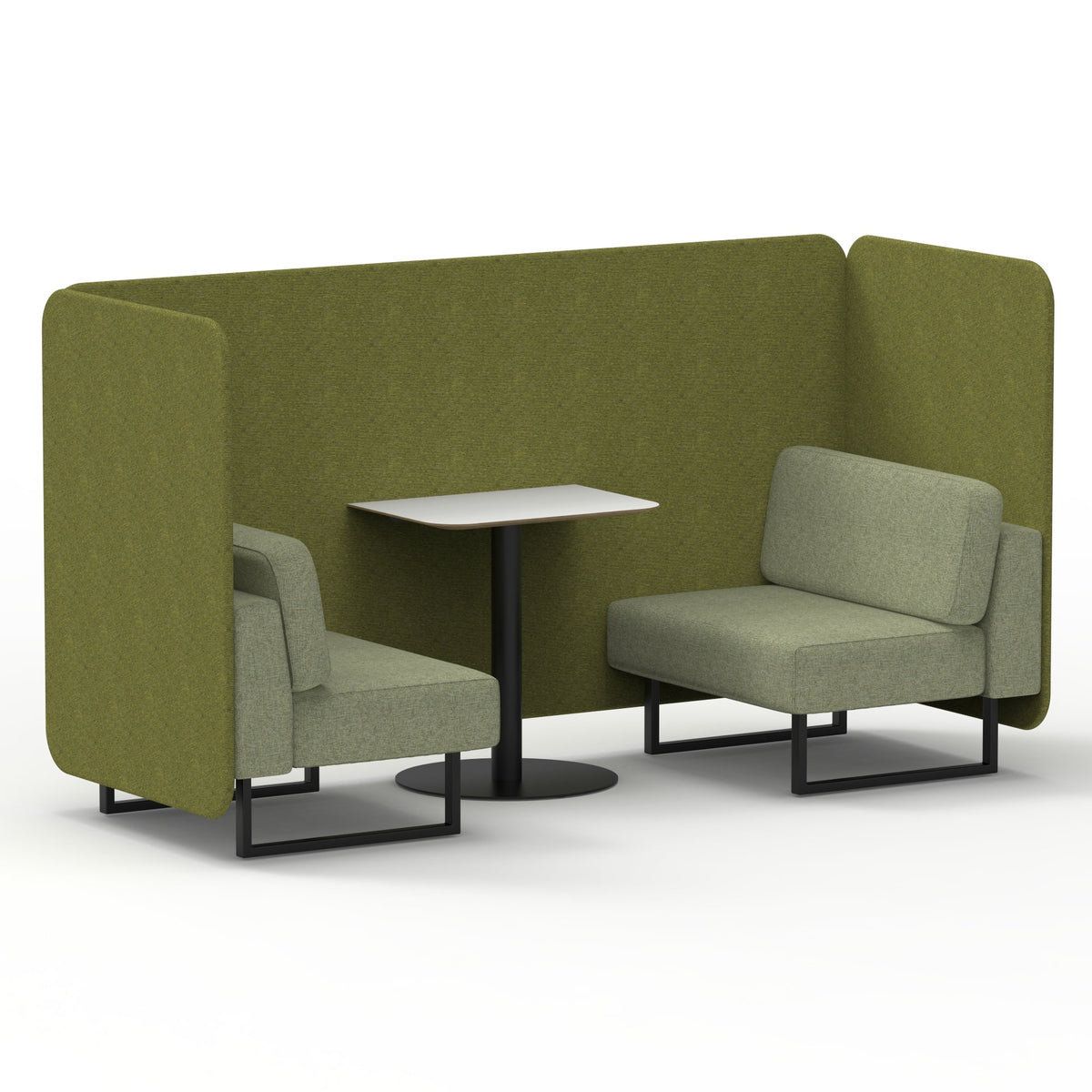 Commercial 2 Seater Privacy Booth – Bench with White Table – Two Tone – Crib 5 Rivet - Olive Panels And Burnish Sofa Black - Industrious Decor