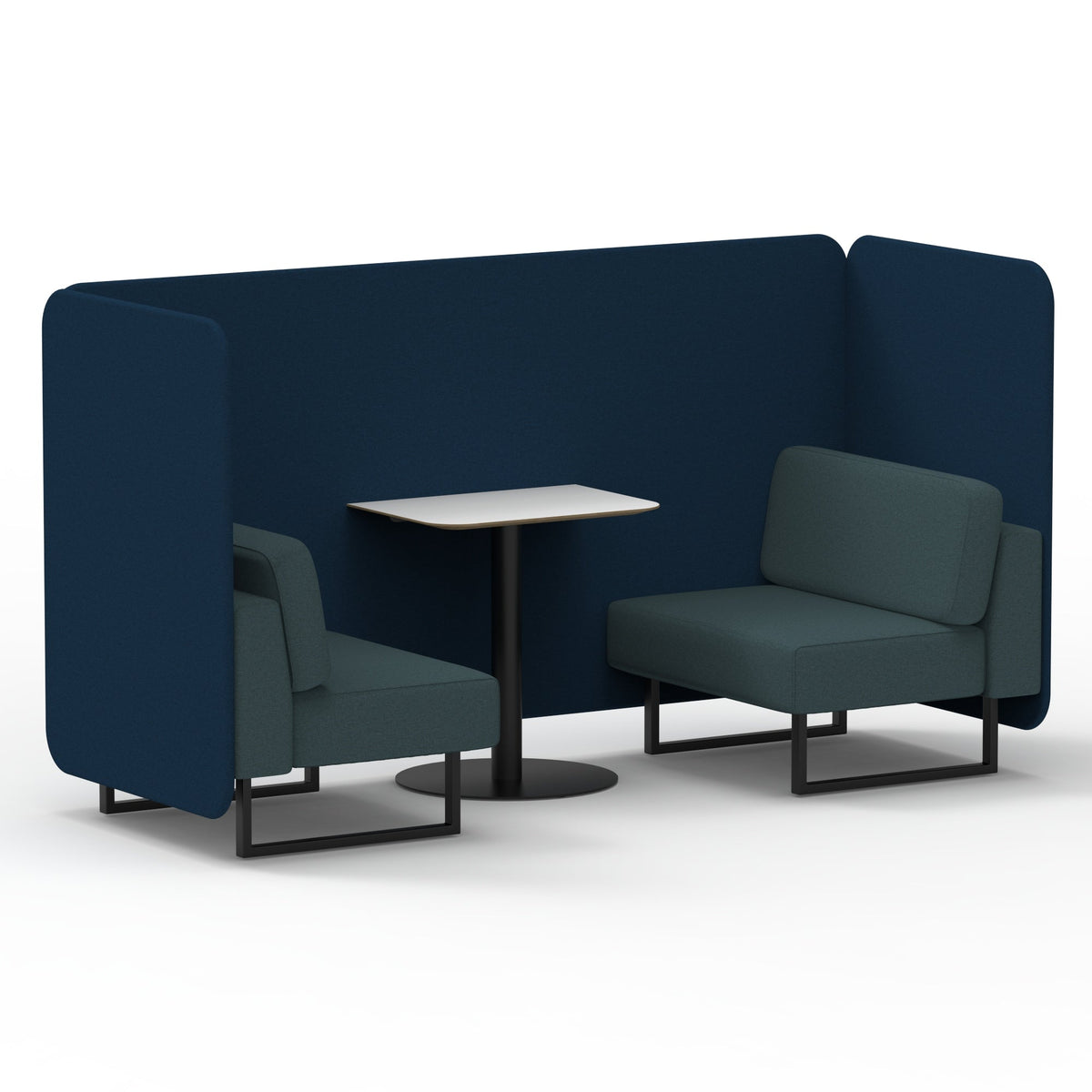 Commercial 2 Seater Privacy Booth – Bench with White Table – Two Tone – Crib 5 X2 - Calculus Panels And Polygon Sofa Black - Industrious Decor